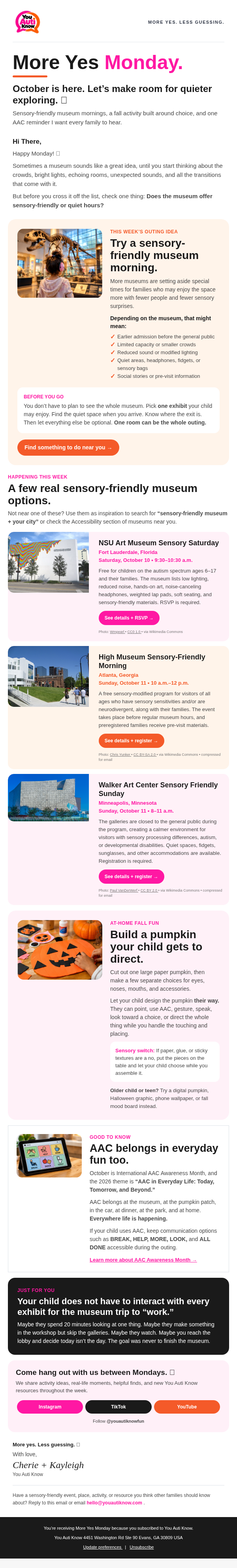 The More Yes Monday email, full page, with museum outing ideas and event cards