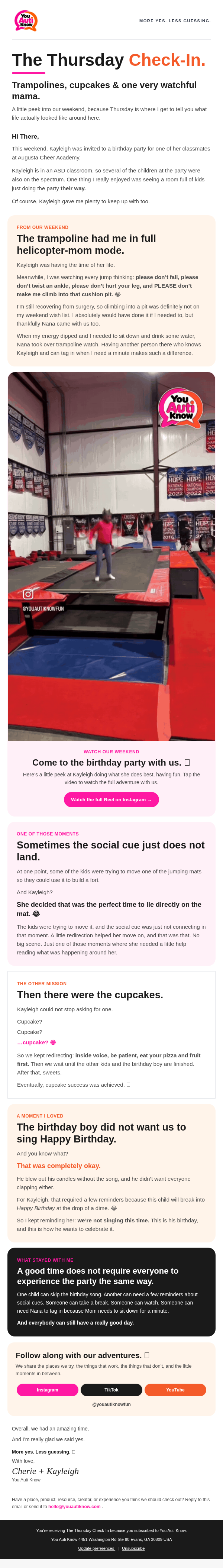 The Thursday Check-In email, full page, with story cards and a watch-the-reel button