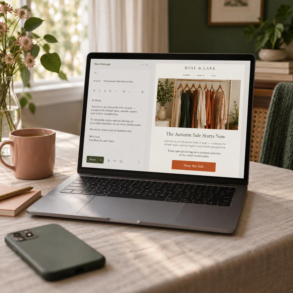 A laptop showing an email marketing campaign being written and previewed