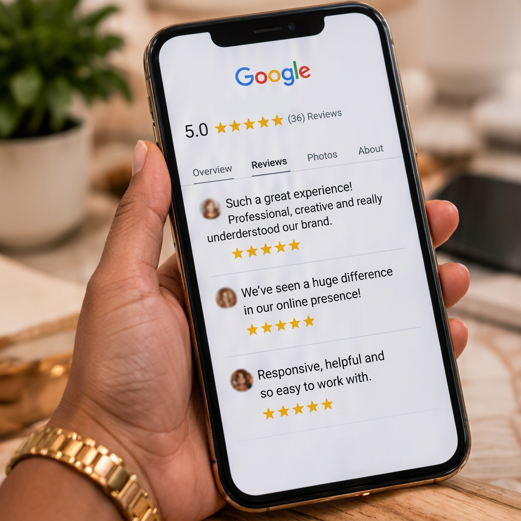 Illustrative photo of a hand holding a phone showing Google customer reviews