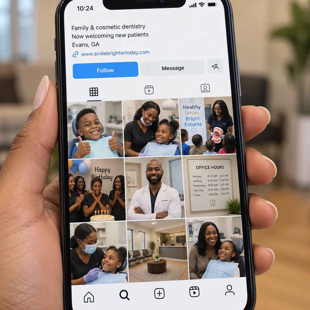 A dental office's social feed with cleaning reminders, birthday posts, and office hours