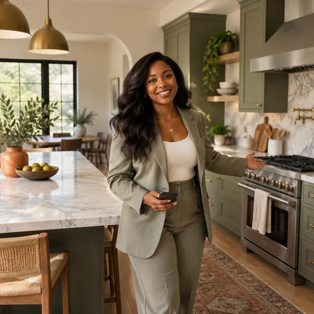 A real estate agent showing off a home listing while filming a property tour